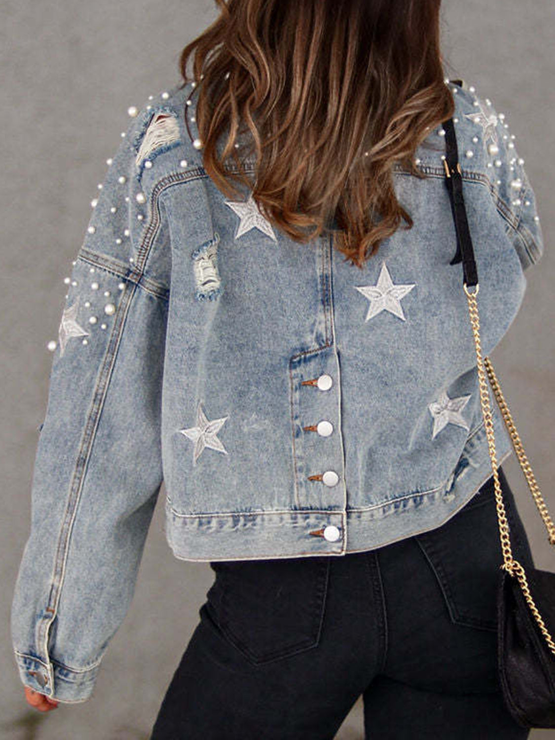 Pearl Trim Button Up Denim Jacket with Pockets