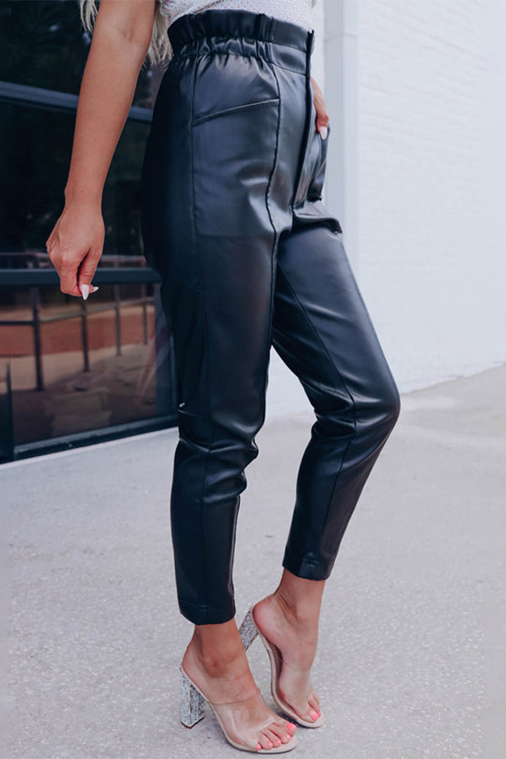 High Waist PU Leather Cropped Pants