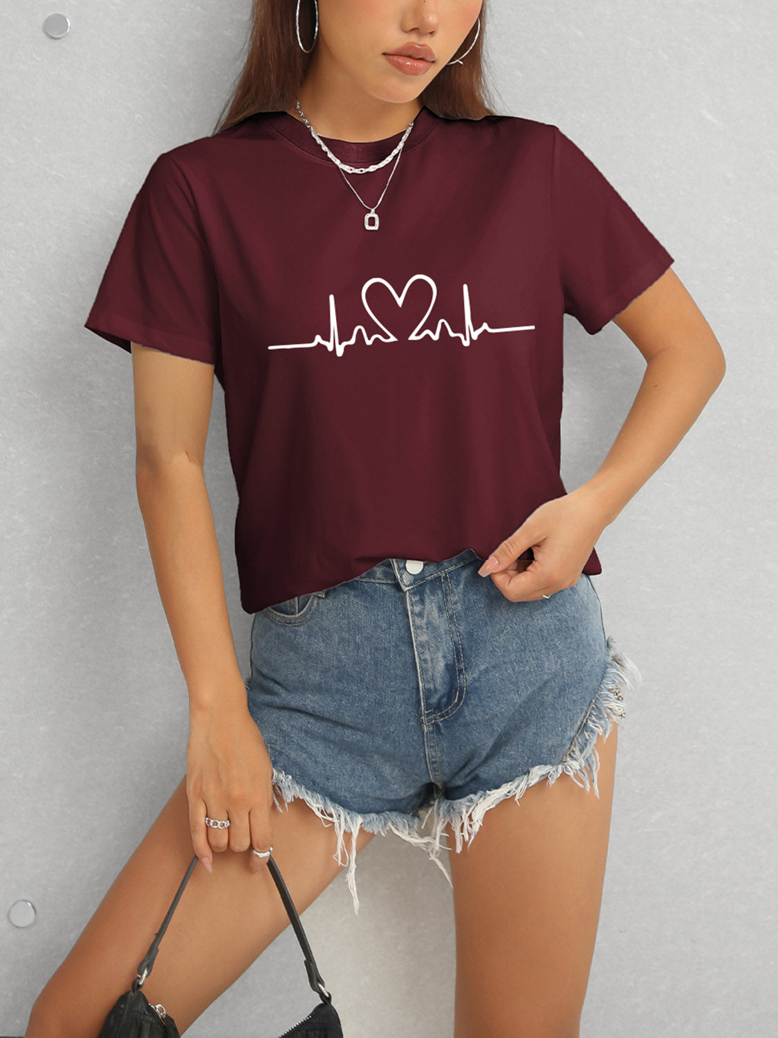 Heart Round Neck Short Sleeve T-Shirt