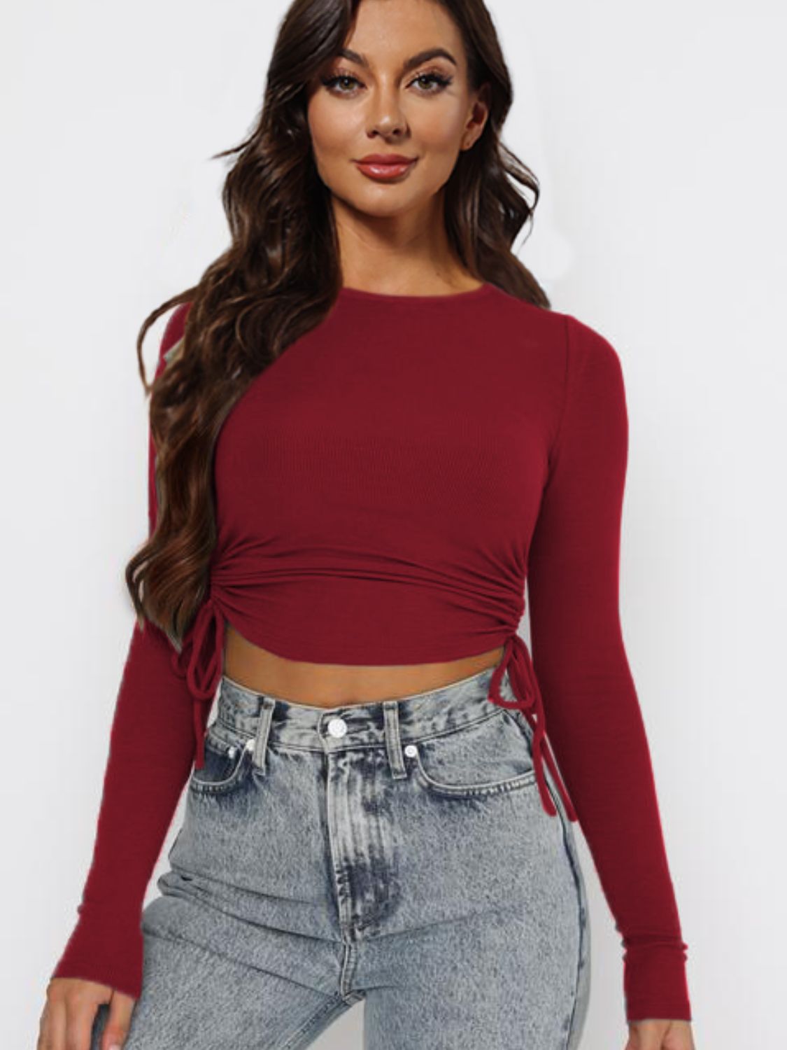 Drawstring Round Neck Long Sleeve Top