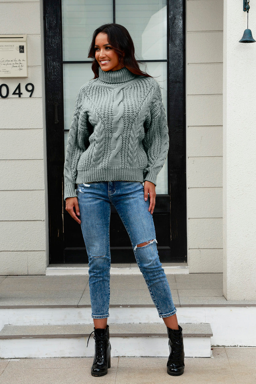 Cable-Knit Turtleneck Long Sleeve Sweater