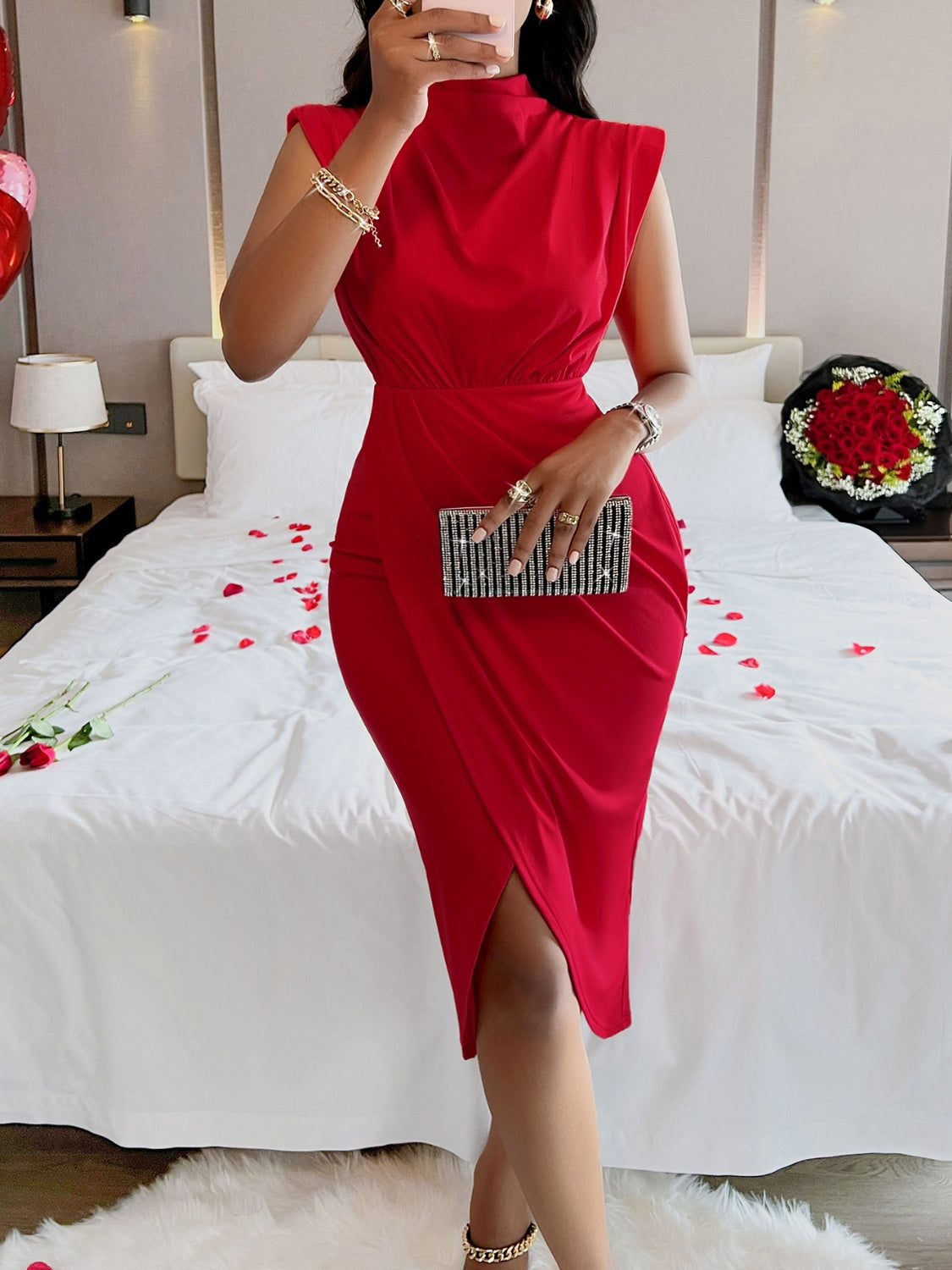 Cutout Slit Mock Neck Sleeveless Dress