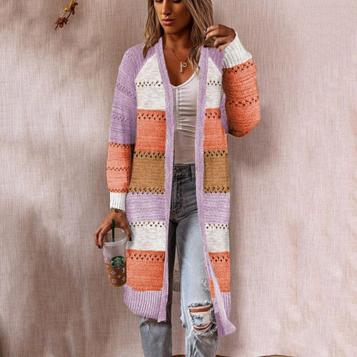 Color Block Open Front Openwork Cardigan