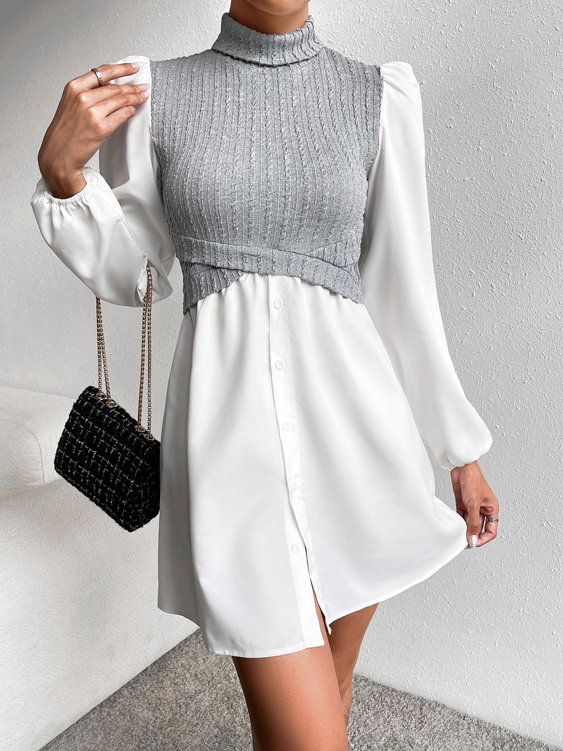 Turtleneck Puff Sleeve Mini Dress